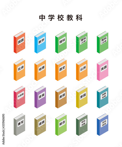 中学校の科目の教科書アイコンセット