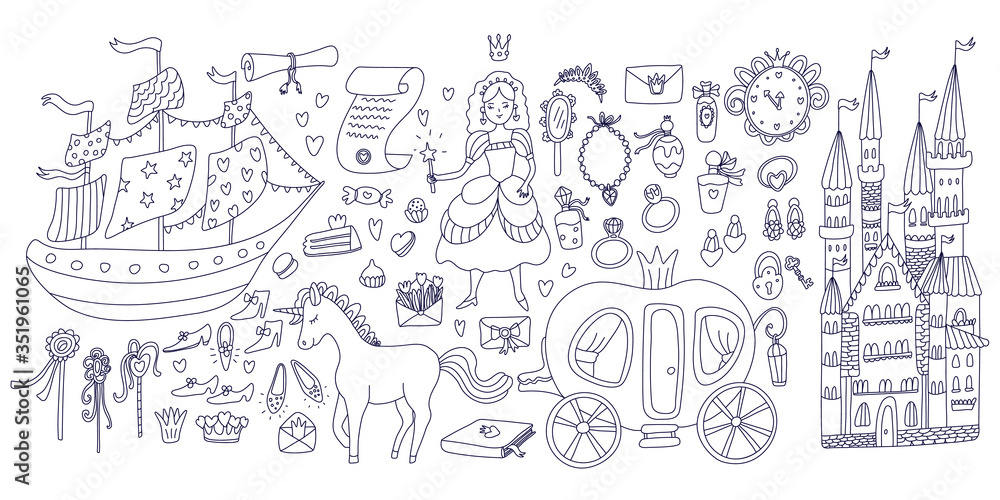 Big set with princess stuff. Carriage, unicorn, castle, shoes, ship, wands, rings, mirrors, perfumes, bowknot, key and lock, scrolls, envelopes. Doodle vector illustration black ink isolated on white