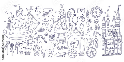 Big set with princess stuff. Carriage  unicorn  castle  shoes  ship  wands  rings  mirrors  perfumes  bowknot  key and lock  scrolls  envelopes. Doodle vector illustration black ink isolated on white