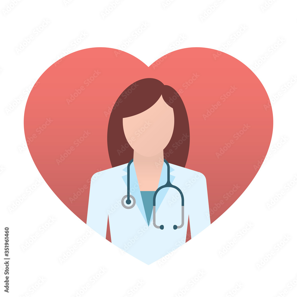 Vector heart icon. Woman doctor with stethoscope. Brown hair. Isolated on white background. Vector heart icon. Woman doctor with stethoscope. Brown hair. Isolated on white background.