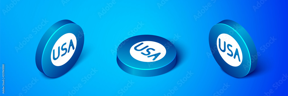 Isometric USA label icon isolated on blue background. United States of America. Blue circle button. Vector Isometric USA label icon isolated on blue background. United States of America. Blue circle button. Vector