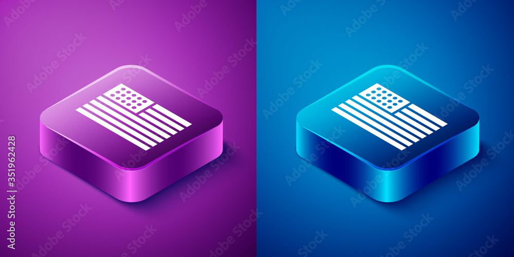 Isometric American flag icon isolated on blue and purple background. Flag of USA. United States of America. Square button. Vector Isometric American flag icon isolated on blue and purple background. Flag of USA. United States of America. Square button. Vector