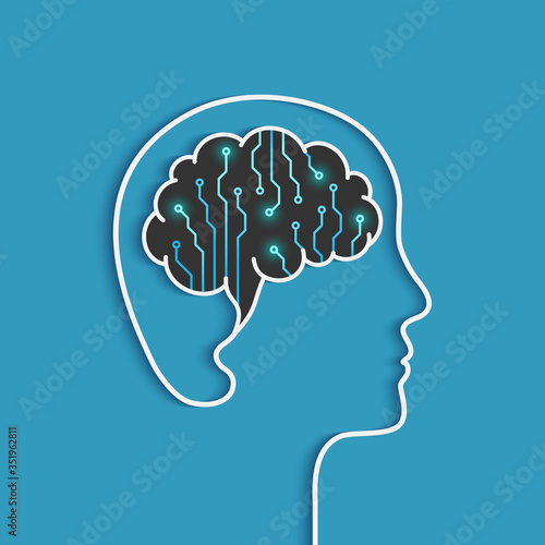 Human head and face outline with brain made of circuit board as artificial intelligence concept. AI with digital brain, virtual mind.