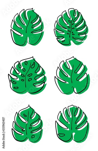 Monstera leaves are drawn with a single line. Modern one-line art. Outline drawing of the monster. Exotic leaves, jungle, monstera, hibiscus, palm leaves. Drawing of monstera leaves by hand