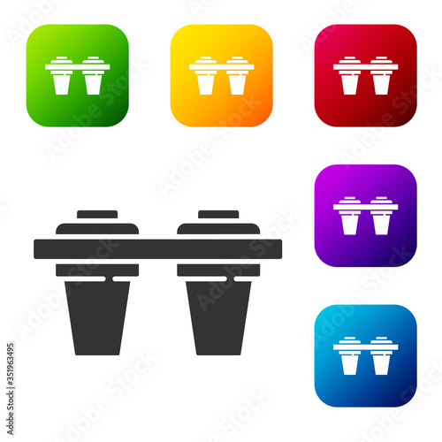 Black Water filter icon isolated on white background. System for filtration of water. Reverse osmosis system. Set icons in color square buttons. Vector