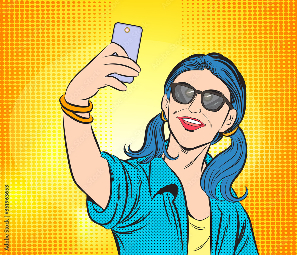 Beautiful young women taking selfie photo on smartphone in social networks media. Pop art vector illustration. Image separated from the background