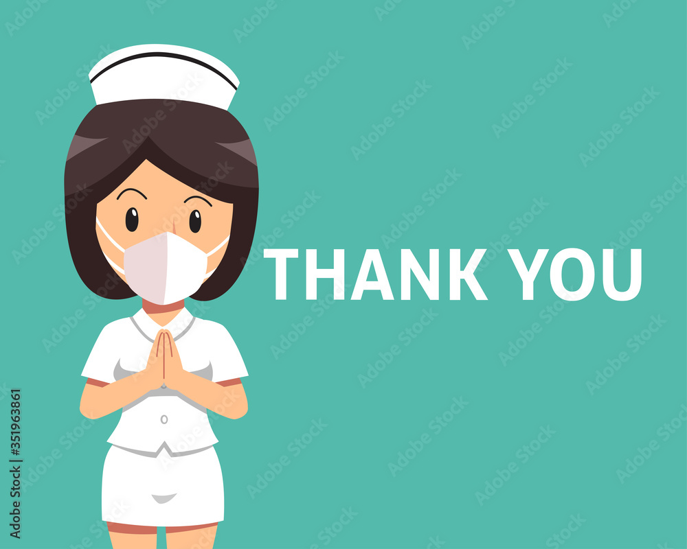 Cartoon female nurse wearing protective mask with thank you word for design. Cartoon female nurse wearing protective mask with thank you word for design.