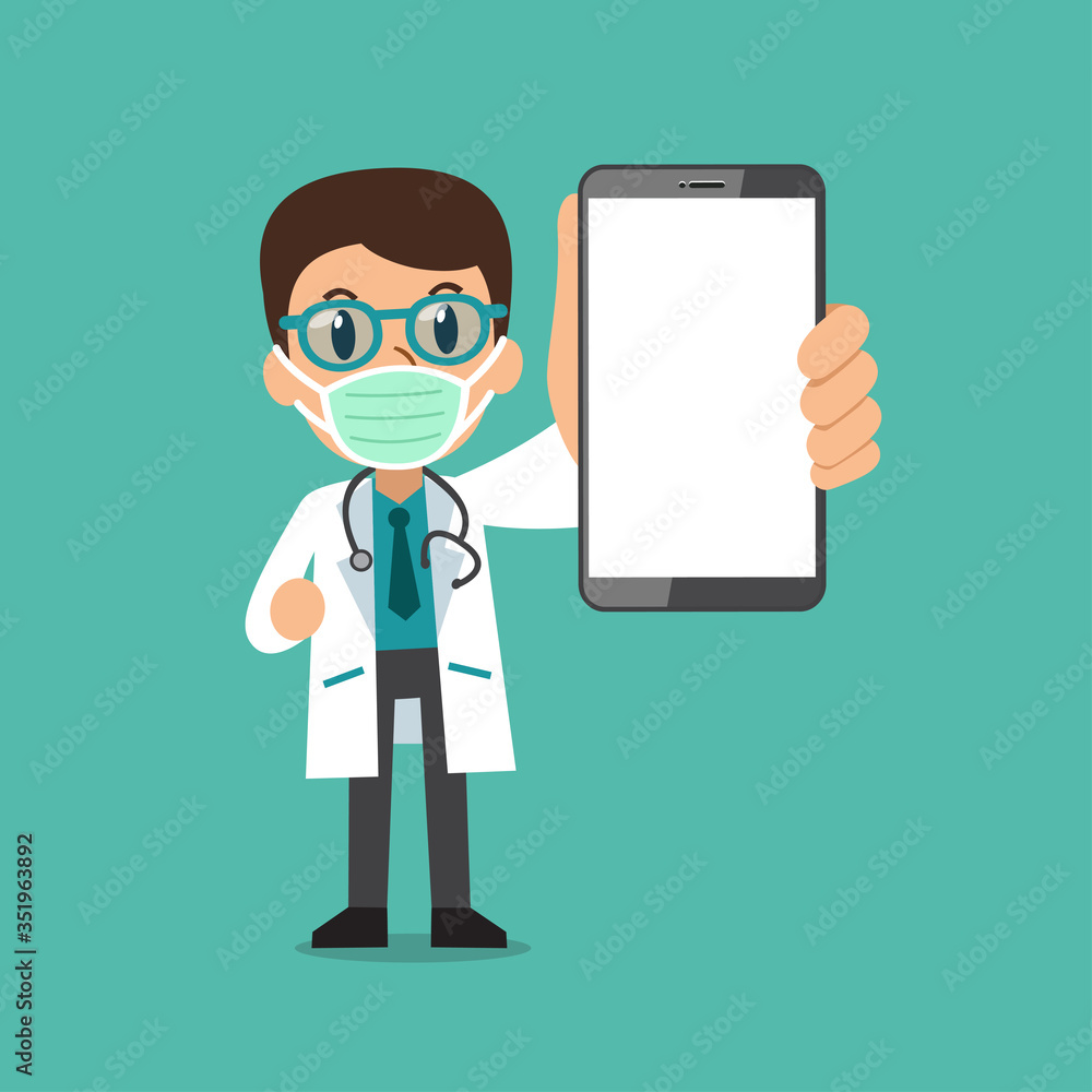 Cartoon male doctor wearing protective masks with smartphone for design. Cartoon male doctor wearing protective masks with smartphone for design.