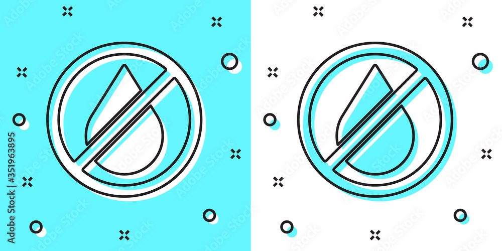 Black line Water drop forbidden icon isolated on green and white background. No water sign. Random dynamic shapes. Vector Black line Water drop forbidden icon isolated on green and white background. No water sign. Random dynamic shapes. Vector
