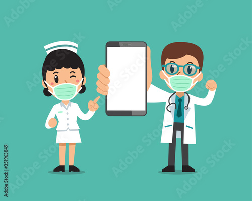 Cartoon male doctor and female nurse wearing protective masks with smartphone for design.