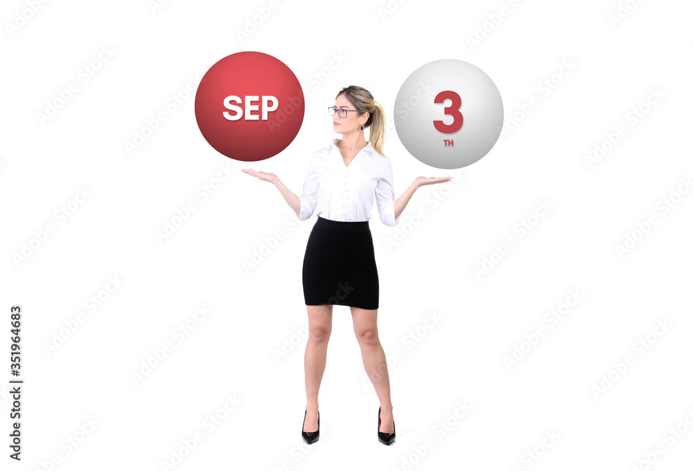 September 3th calendar background. Day 3 of sep month. Business woman holding 3d spheres. Modern concept.