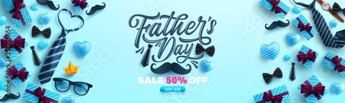 Father's Day Sale poster or banner template with necktie and gift box on blue background.Greetings and presents for Father's Day in flat lay styling.Promotion and shopping template for love dad