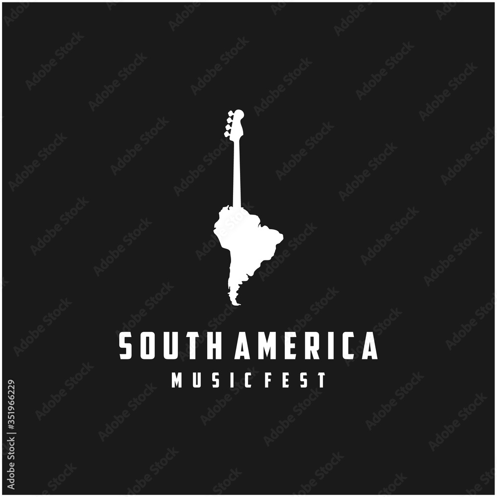 Bass guitar with South America map for music or music festival logo design Bass guitar with South America map for music or music festival logo design