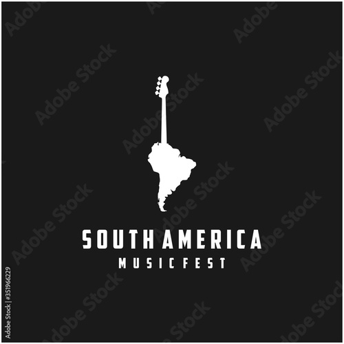 Bass guitar with South America map for music or music festival logo design