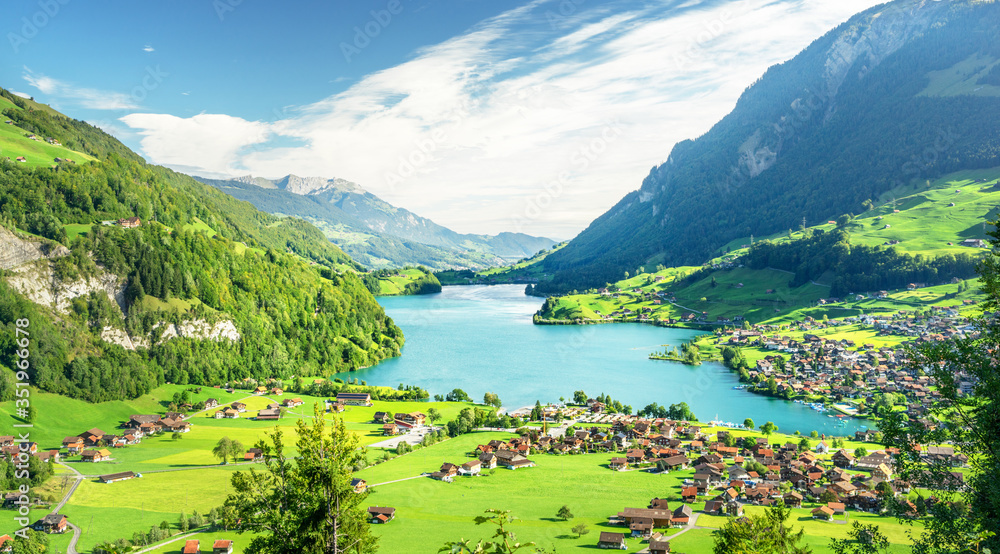 Aerial view on Lungernsee lake, Switzerland, Europe Aerial view on Lungernsee lake, Switzerland, Europe