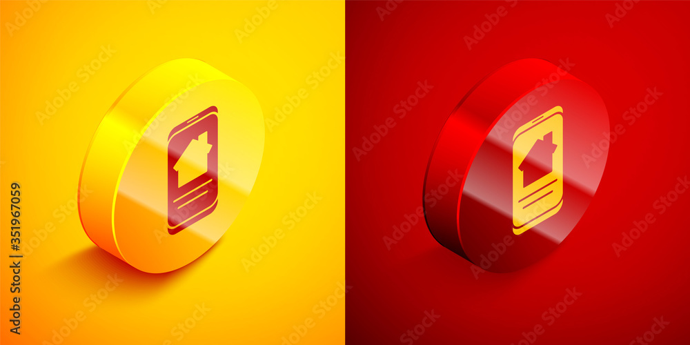 Isometric Online real estate house on smartphone icon isolated on orange and red background. Home loan concept, rent, buy, buying a property. Circle button. Vector Isometric Online real estate house on smartphone icon isolated on orange and red background. Home loan concept, rent, buy, buying a property. Circle button. Vector