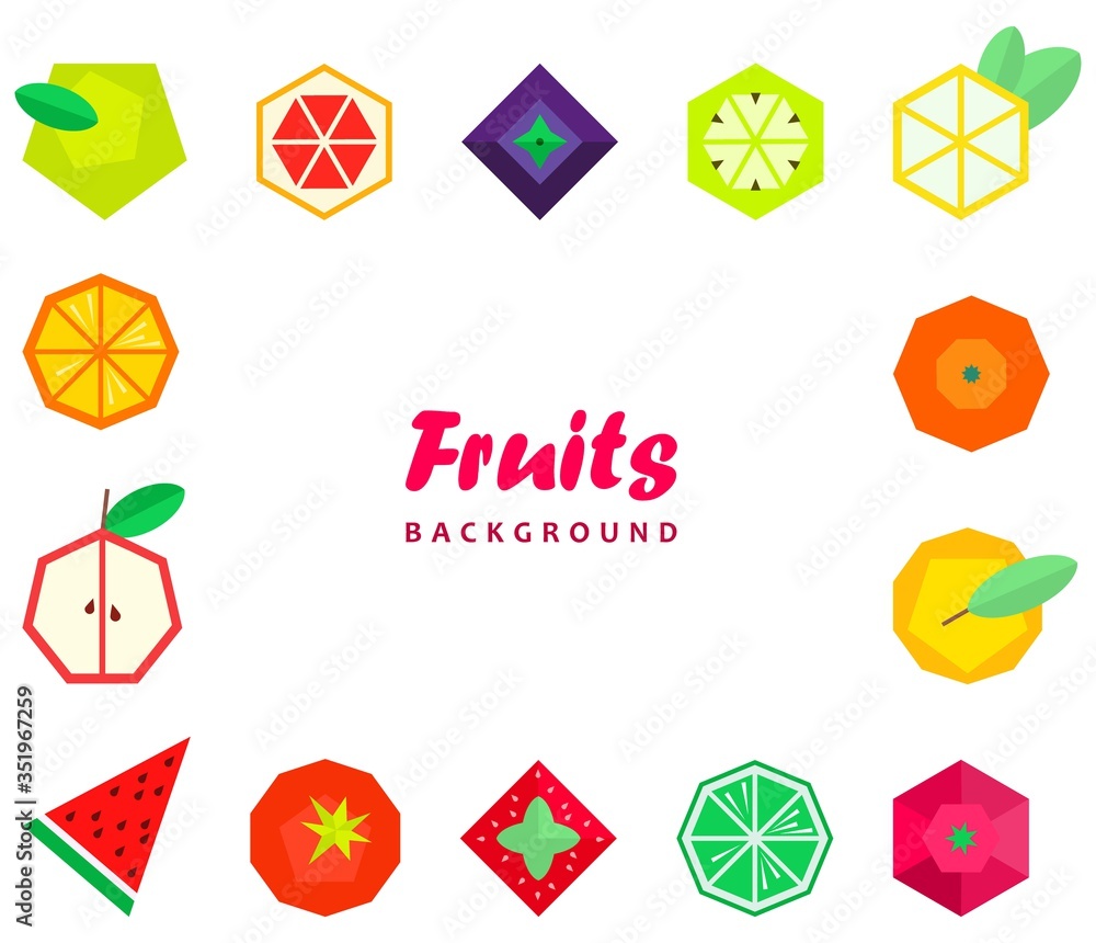 Fruits berries in geometric style. Vector illustration. Polygonal fruits. Raspberry grapefruit strawberry Apple orange pear tomato lemon kiwi lime blueberry BlackBerry watermelon. Collection of fruits Fruits berries in geometric style. Vector illustration. Polygonal fruits. Raspberry grapefruit strawberry Apple orange pear tomato lemon kiwi lime blueberry BlackBerry watermelon. Collection of fruits