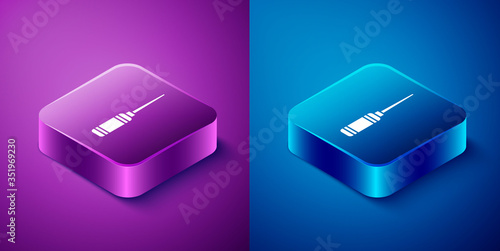 Isometric Awl tool with wooden handle icon isolated on blue and purple background. Work equipment tailor industry. Square button. Vector