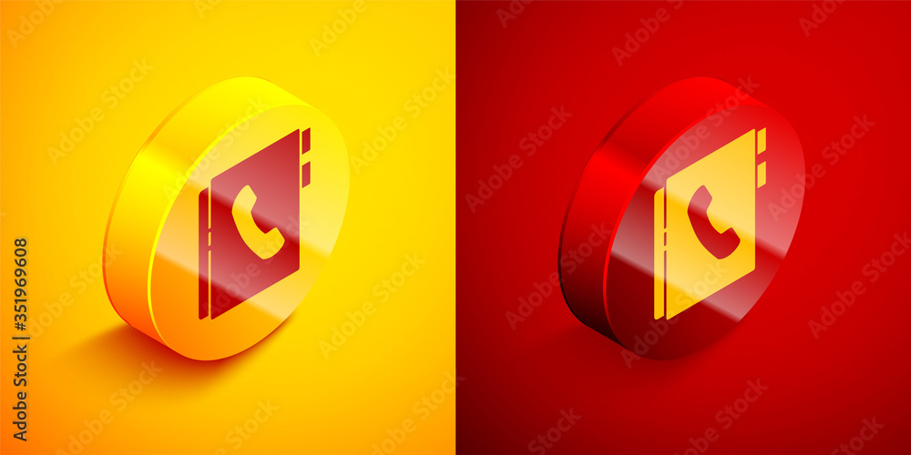Isometric Address book icon isolated on orange and red background. Notebook, address, contact, directory, phone, telephone book icon. Circle button. Vector Isometric Address book icon isolated on orange and red background. Notebook, address, contact, directory, phone, telephone book icon. Circle button. Vector