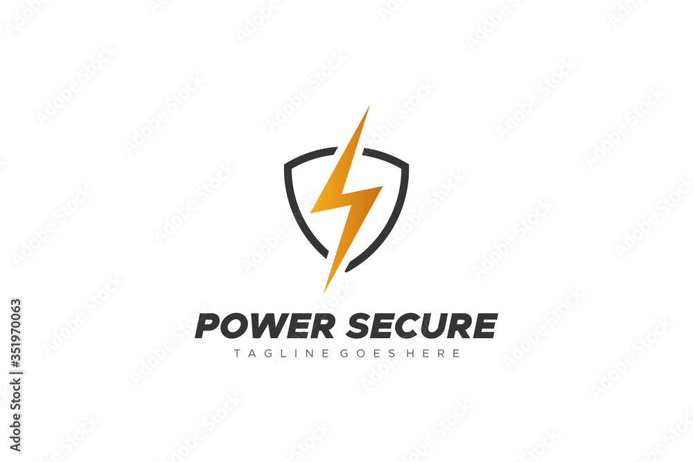 Electric Security Logo. Gold Flash Thunderbolt in Black Linear Shield isolated on White Background. Usable for Business, Industrial and Technology Resources. Flat Vector Logo Design Template Element.