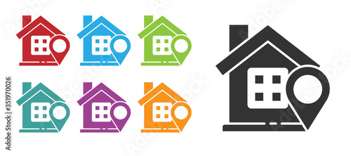 Black Map pointer with house icon isolated on white background. Home location marker symbol. Set icons colorful. Vector