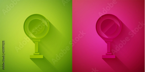 Paper cut Stop sign icon isolated on green and pink background. Traffic regulatory warning stop symbol. Paper art style. Vector