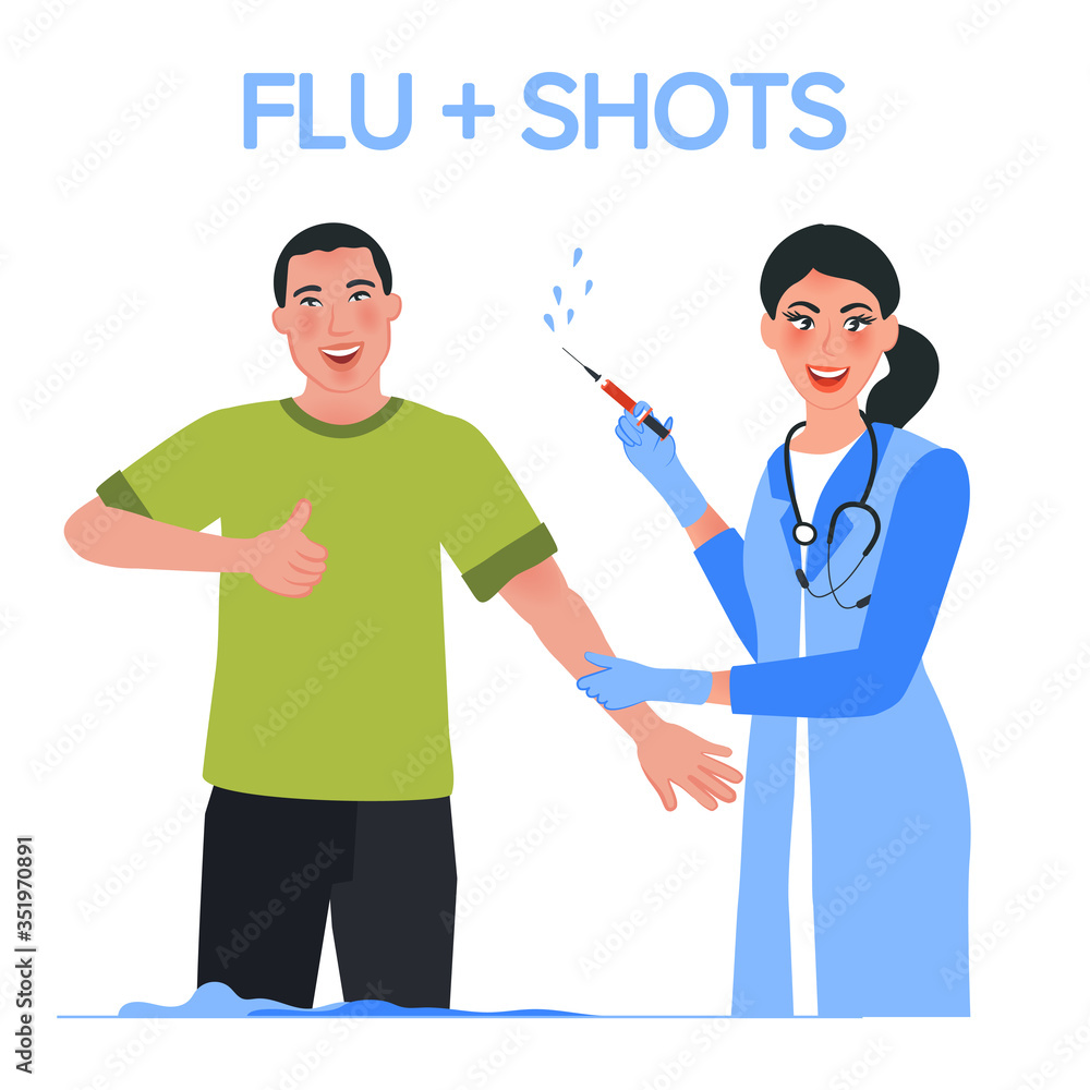 The doctor makes vaccination against the flu. Seasonal vaccination of the population. Virus protection. Vector illustration of medicine The doctor makes vaccination against the flu. Seasonal vaccination of the population. Virus protection. Vector illustration of medicine
