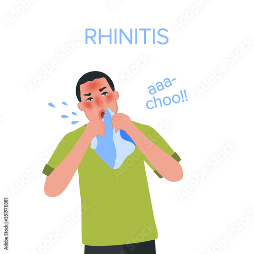 Symptoms of a cold in an adult. Sneezing, headache, fever, nasal congestion. Vector illustration of viral diseases of the upper respiratory tract