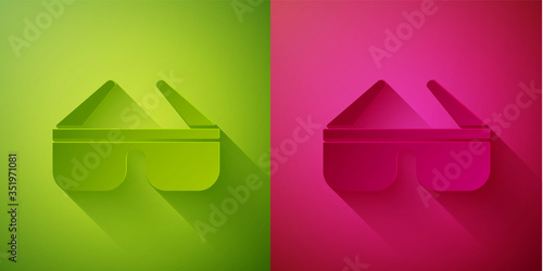 Paper cut 3D cinema glasses icon isolated on green and pink background. Paper art style. Vector