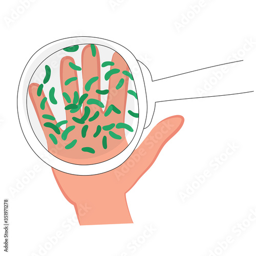 Bacteria and E. coli in the palm of your hand. Micro-organisms under a magnifying glass. Vector illustration of intestinal diseases