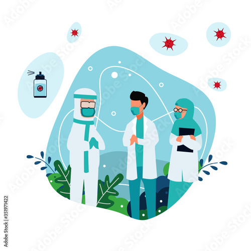 Doctor, nurse and men wearing hazmat clothes talking about coronavirus and hand sanitizer, Flat vector illustration isolated design