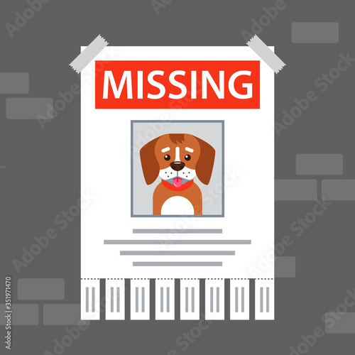 paper ad on the wall about the missing dog. flat vector illustration.