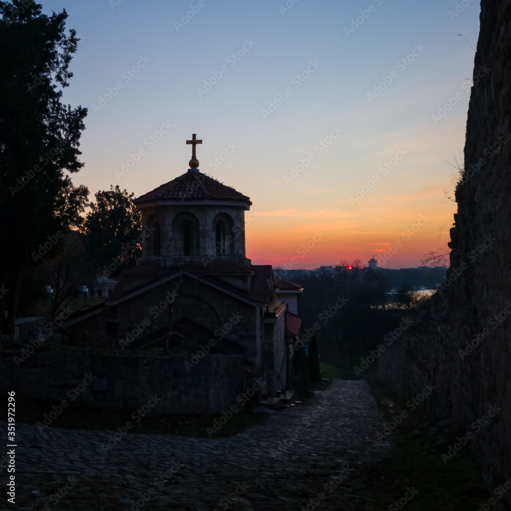 Silhouette of the chapel of St. Petka at sunset at the Kalemegdan Fortress in Belgrade, Serbia.