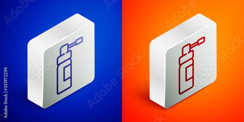 Isometric line Medical bottle with nozzle spray for the treatment of diseases of the nose and throat icon isolated on blue and orange background. Silver square button. Vector