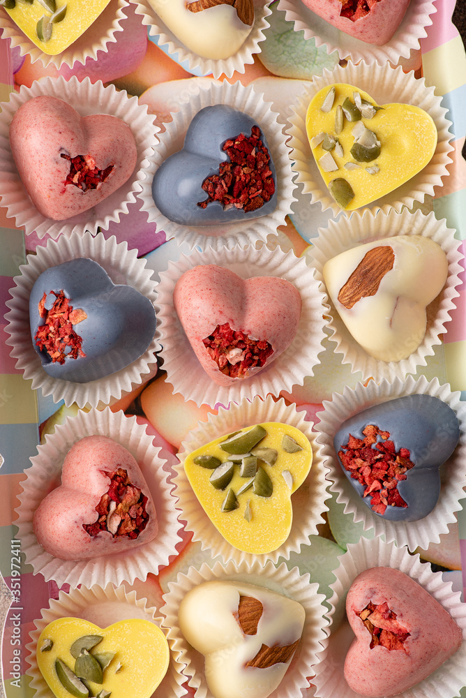 Handmade trendy chocolate sweets with natural dyes: turmeric extract, anchan tea, strawberry powder. Healthy sweets.. Handmade trendy chocolate sweets with natural dyes: turmeric extract, anchan tea, strawberry powder. Healthy sweets..