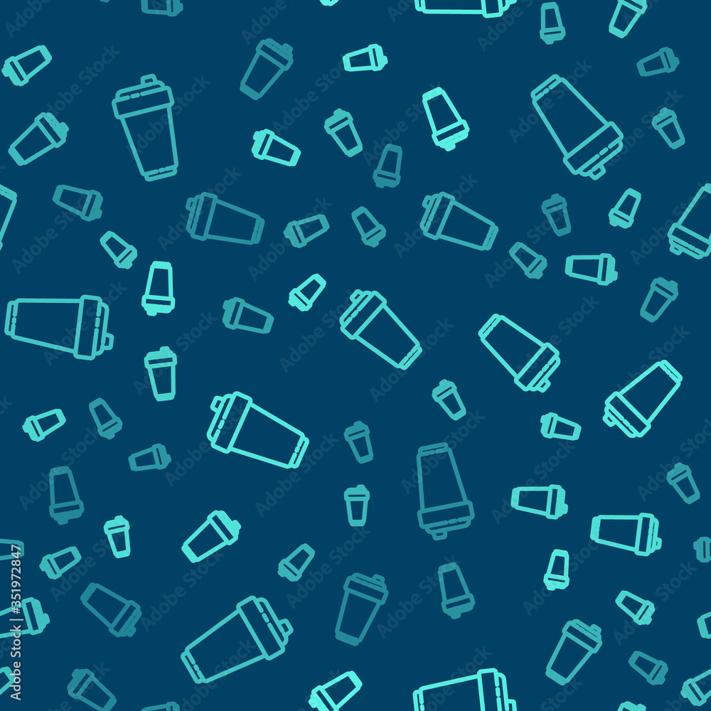 Green line Fitness shaker icon isolated seamless pattern on blue background. Sports shaker bottle with lid for water and protein cocktails. Vector Green line Fitness shaker icon isolated seamless pattern on blue background. Sports shaker bottle with lid for water and protein cocktails. Vector