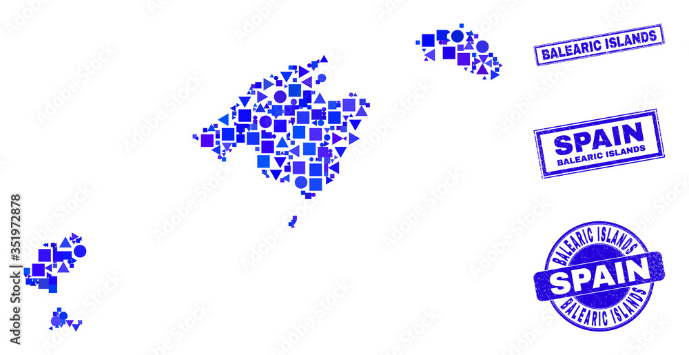 Vector mosaic Balearic Islands map. Geographic collage in blue color tinges, and grunge round and rectangle stamp seals. Abstract mosaic of Balearic Islands map composed of round, tringle, Vector mosaic Balearic Islands map. Geographic collage in blue color tinges, and grunge round and rectangle stamp seals. Abstract mosaic of Balearic Islands map composed of round, tringle,