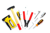 .fasteners and repair tools on a white background. flat layout, top view. Space for text..