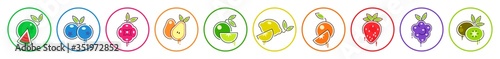 Icons of fruits and berries. Vector illustration. Raspberry grapefruit strawberry Apple orange pear lemon kiwi lime blueberry BlackBerry cloudberry cherry watermelon. Collection of fruit pictograms