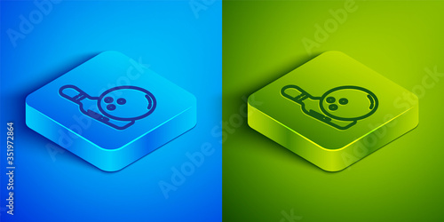 Isometric line Bowling pin and ball icon isolated on blue and green background. Sport equipment. Square button. Vector