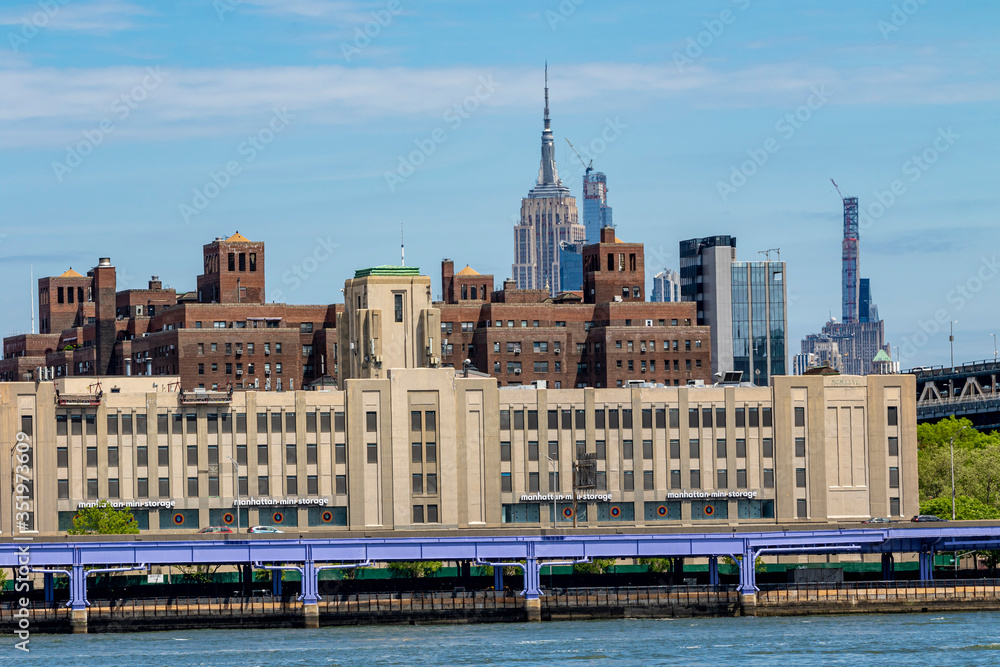 Lower Manhattan skyline view from Brooklyn Bridge Park in New York City