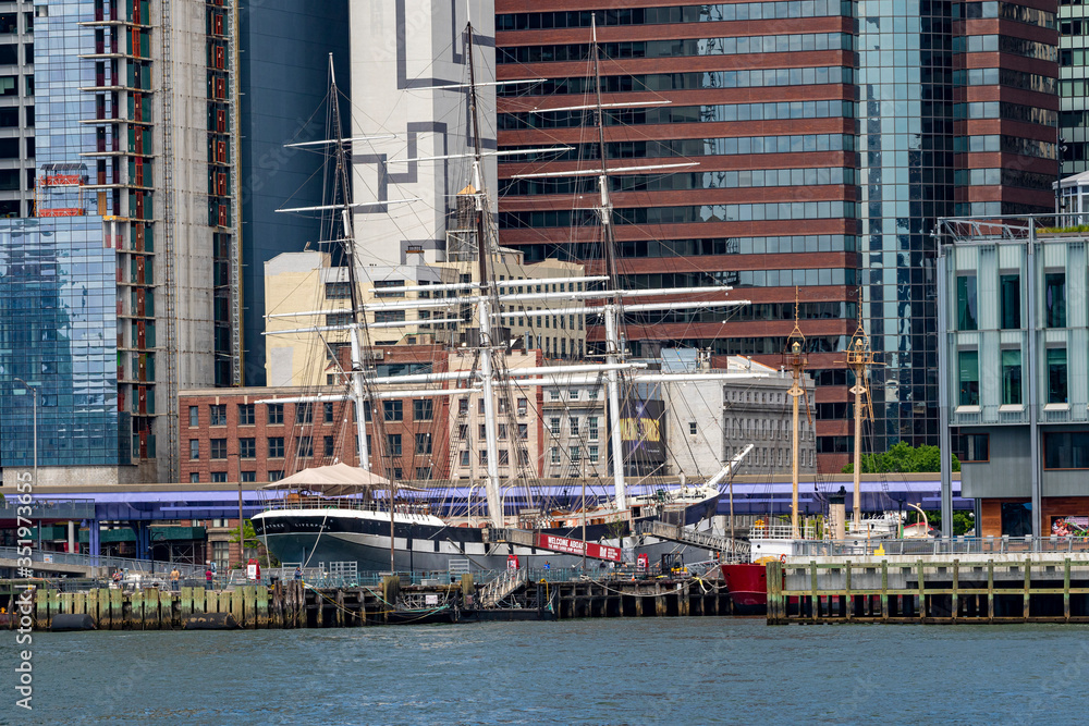 New York City - May 17, 2020:Manhattan view as seen from Brooklyn Bridge Park, New York City