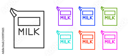 Black line Paper package for milk icon isolated on white background. Milk packet sign. Set icons colorful. Vector