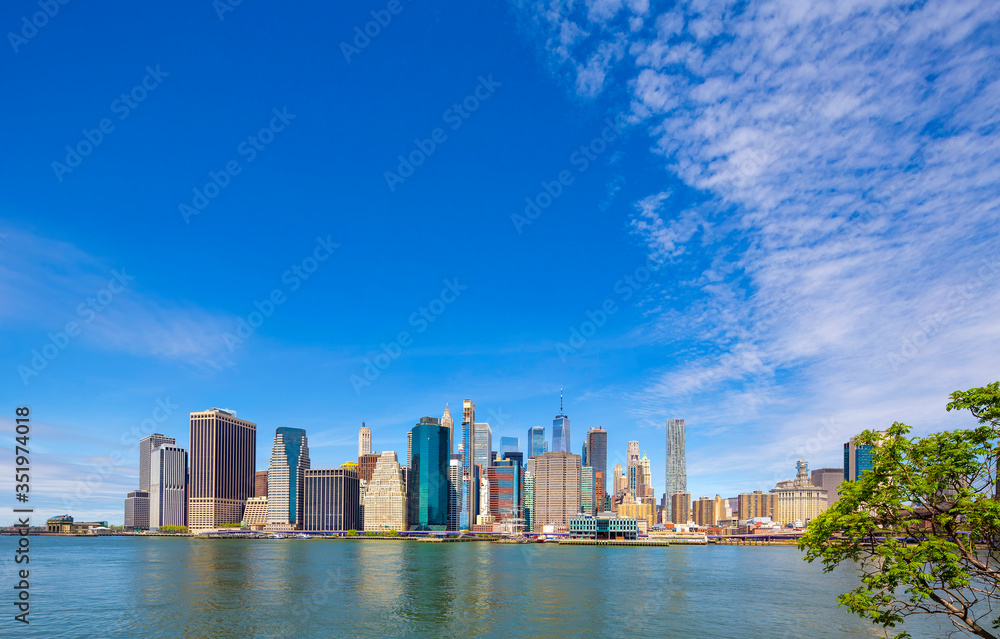Lower Manhattan skyline view from Brooklyn Bridge Park in New York City