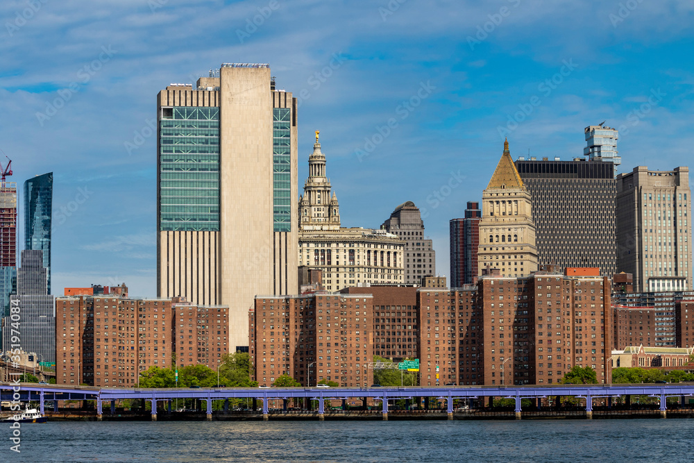 Lower Manhattan skyline view from Brooklyn Bridge Park in New York City