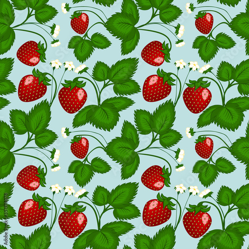 Square illustration, drawing - bushes of strawberry garden with fruits - red berries - and flowers. Seamless texture, pattern. Background for site or blog, textiles, packaging.