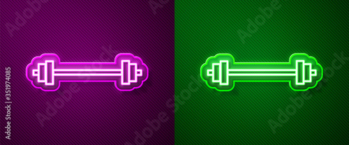 Glowing neon line Barbell icon isolated on purple and green background. Muscle lifting icon, fitness barbell, gym, sports equipment, exercise bumbbell. Vector