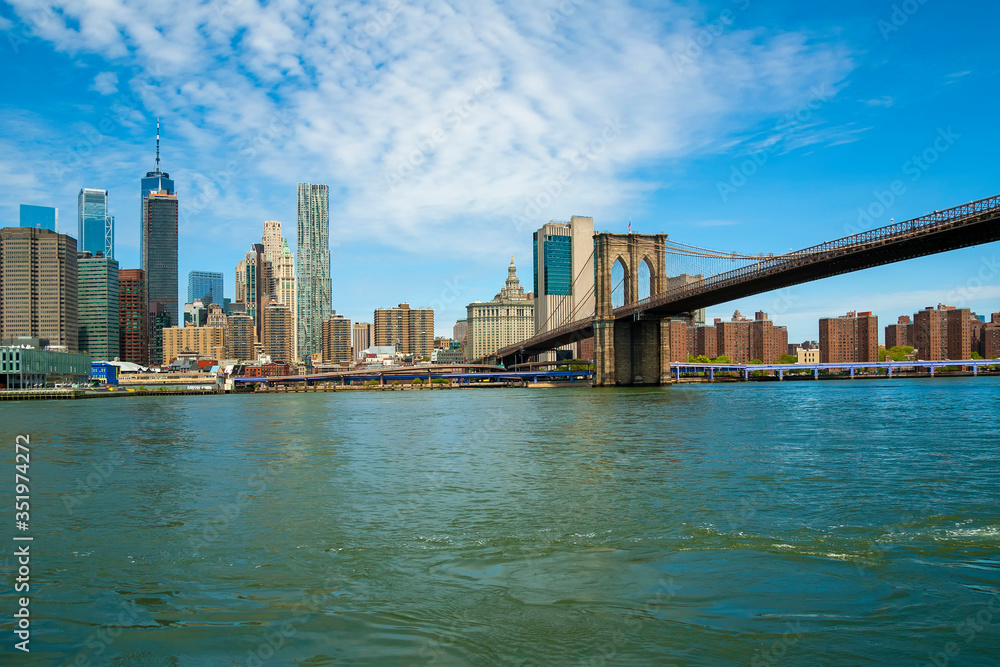 Brooklyn Bridge and Manhattan skyline as seen from Brooklyn Bridge Park, New York City