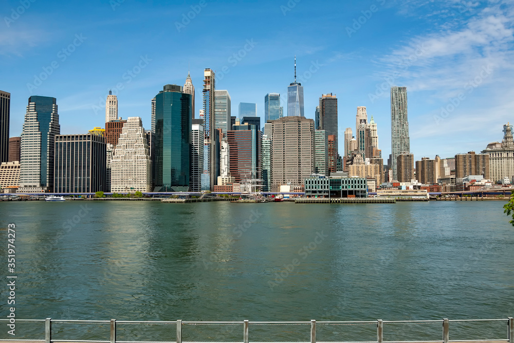Lower Manhattan skyline view from Brooklyn Bridge Park in Brooklyn