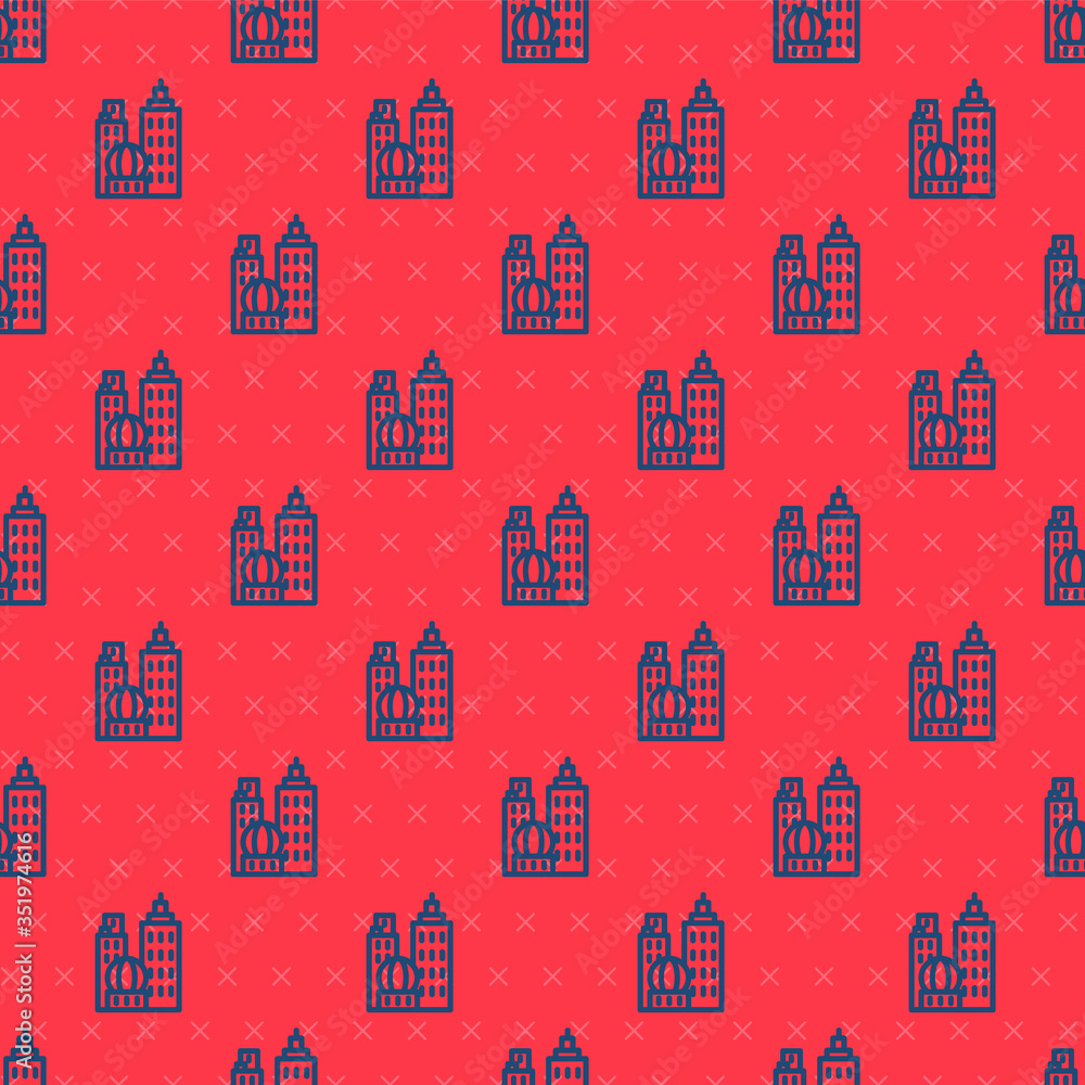Blue line City landscape icon isolated seamless pattern on red background. Metropolis architecture panoramic landscape. Vector Illustration Blue line City landscape icon isolated seamless pattern on red background. Metropolis architecture panoramic landscape. Vector Illustration